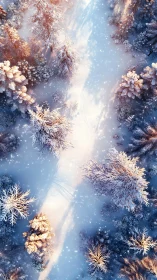 Sunlit snowy forest path viewed from above in winter.