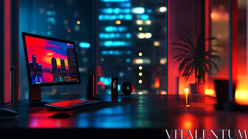 Neon city reflections recruit a quiet midnight workspace