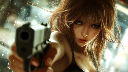 Dynamic close-up of armed woman rendered in high-detail anime realism