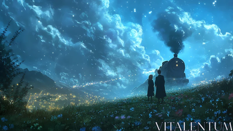 Starlit steam train pauses in a flowered meadow at night.