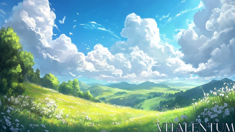 Wide-angle pastoral valley under towering cumulus cloudscape