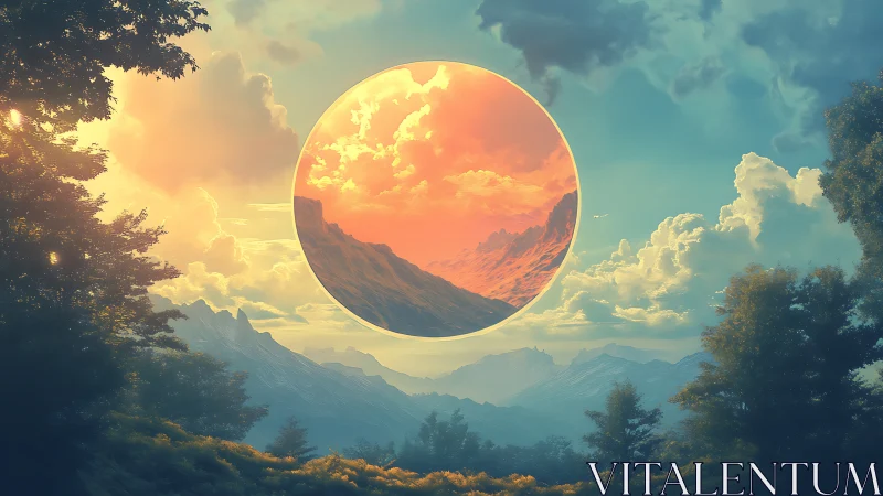 Surreal portal reveals luminous orange mountain realm