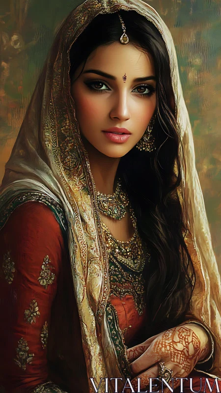 Bridal portrait in ornate red sari with henna detail.