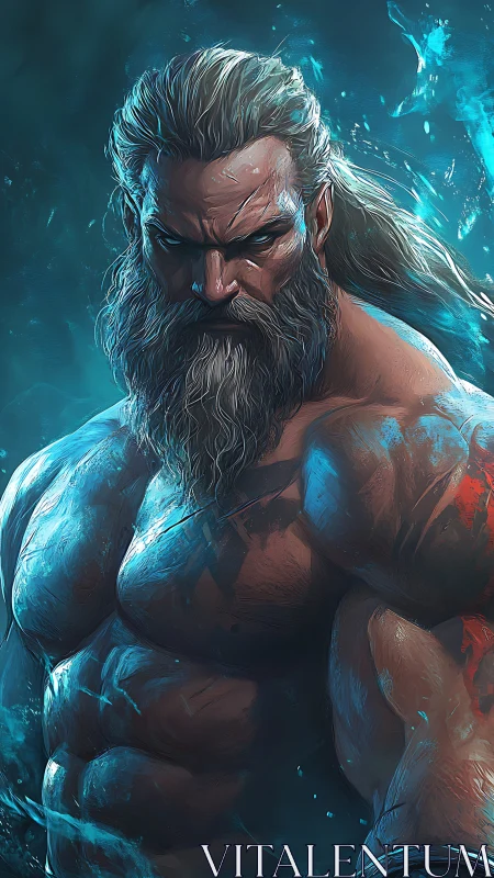 Mythic warrior portrait renders hyperreal musculature in teal light