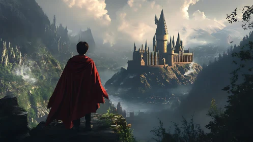 Lone cloaked figure overlooking grand misty cliffside castle.