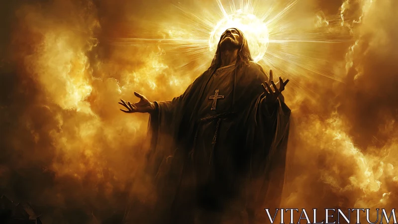 Radiant robed figure under blazing golden heavenly light.