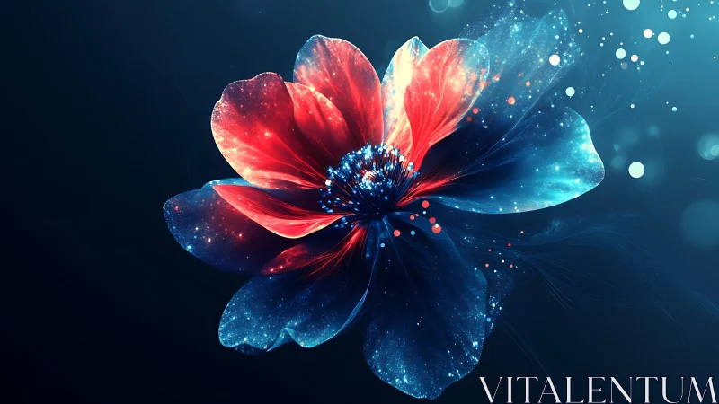 Digital flower with red petals and glowing blue particles on dark background.