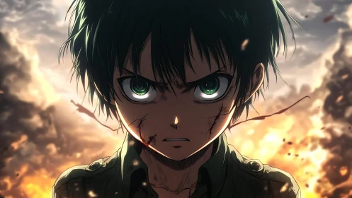 Defiant anime warrior stands against blazing battlefield chaos