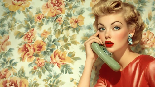 Retro-styled woman holds telephone against floral background