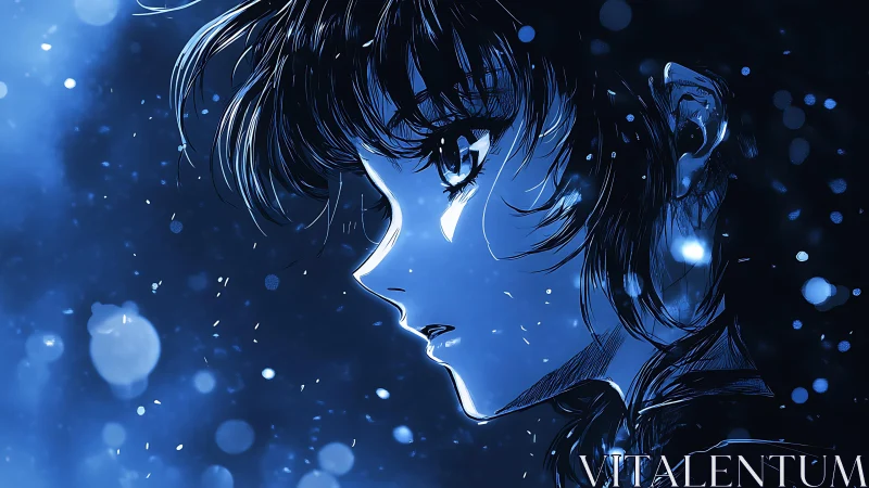 Melancholic anime profile gazes through drifting blue lights
