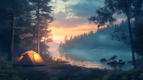 Orange camping tent glows beside misty lake at sunrise