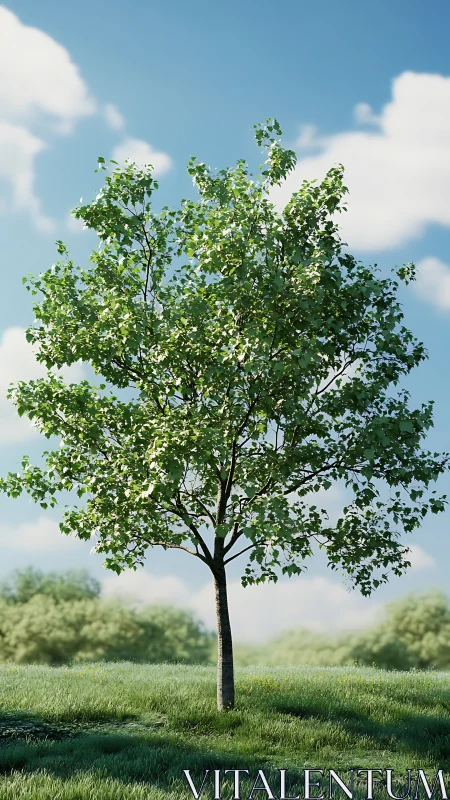 Sunlit green tree rises over soft meadow landscape.