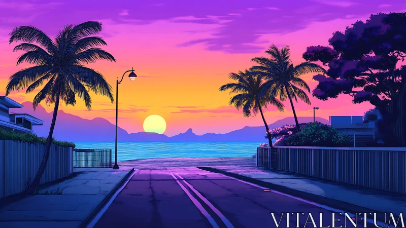 Neon dusk strolls toward a synthwave-kissed ocean horizon