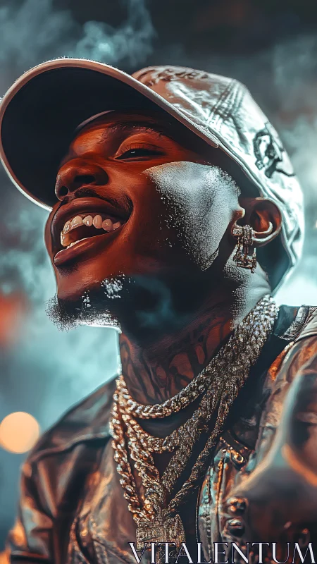 Close-up portrait of man in cap with jewelry at night.