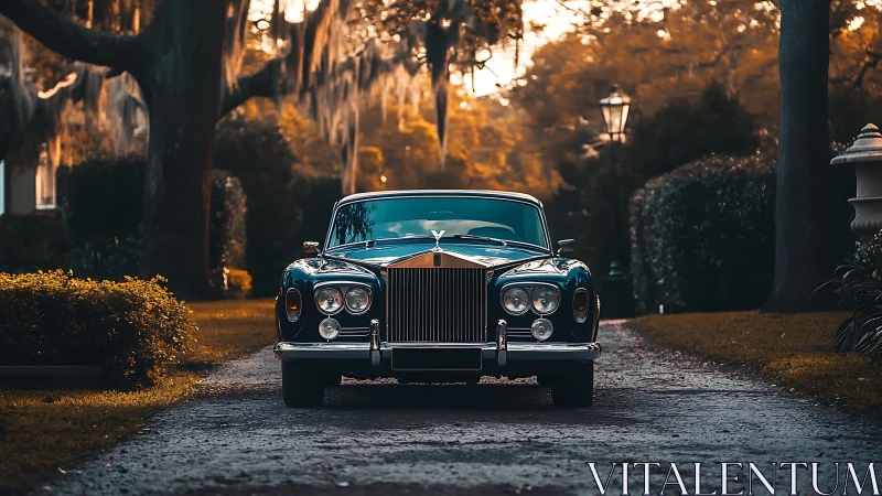 Vintage luxury sedan framed by cinematic golden-hour driveway.