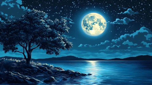 Full moon over tranquil lake with luminous shoreline