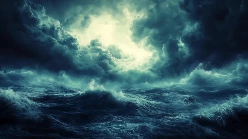 Turbulent storm sea under radial backlight and volumetric clouds