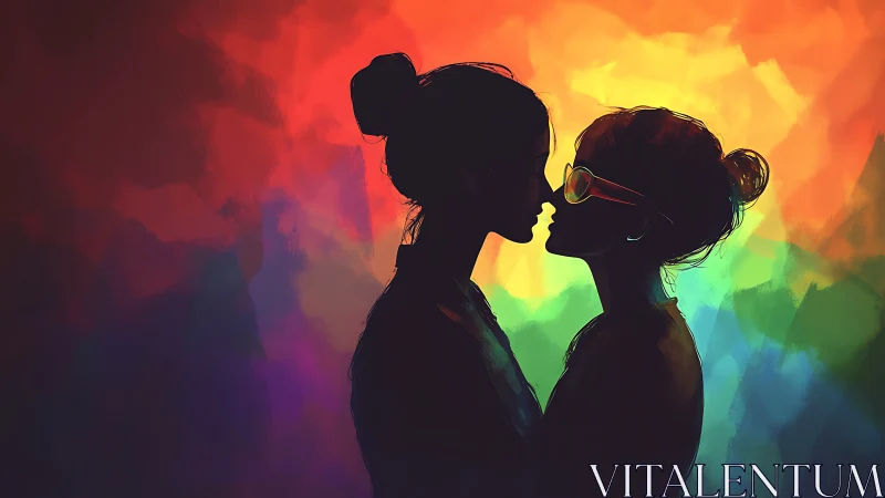 Silhouetted Figures Against Vibrant Rainbow Gradient Background with Atmospheric Lighting
