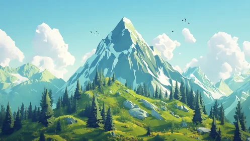 Sunlit alpine peak above vibrant pine forest valley.