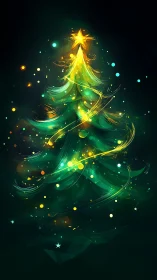 Glowing digital Christmas tree with swirling light trails.