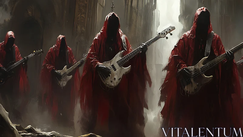 Hooded bass guitar cultists stride through ruined cathedral