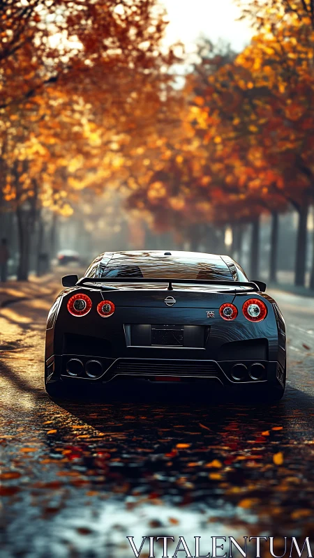 Rear view black GT sports coupe on wet autumn boulevard