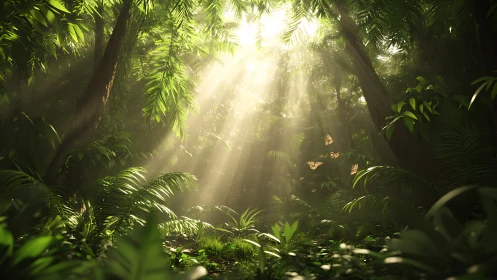 Volumetric sunlight through dense tropical rainforest understory.