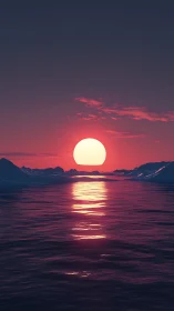 Sun sets over low mountains and reflects on calm water