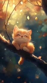 Happy Orange Cat Resting on Glowing Branch.