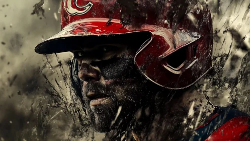Baseball player portrait in red helmet and flying dirt.