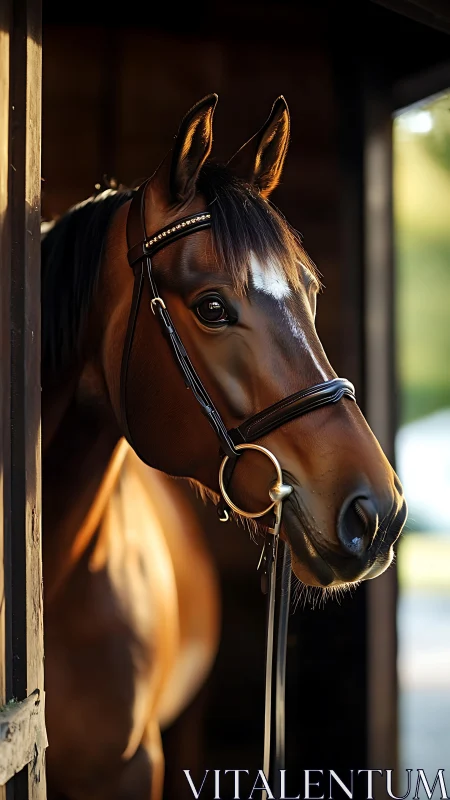 Elegant bay horse gazes from stable doorway in warm light.