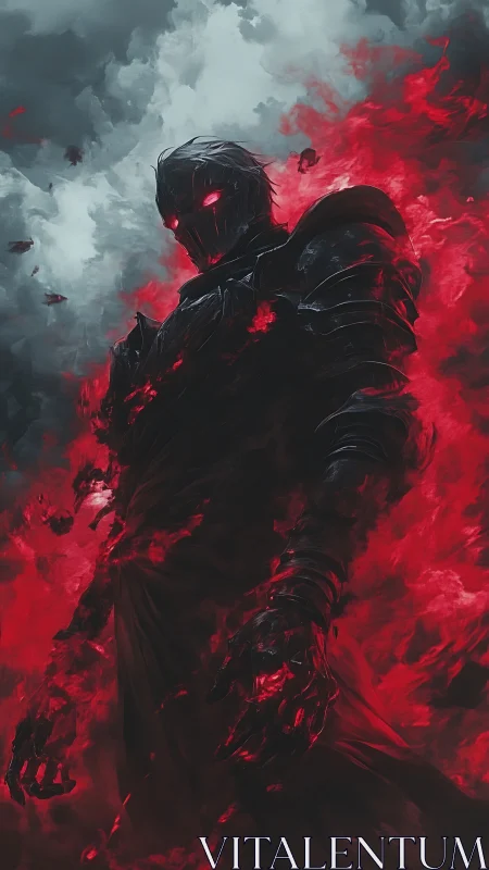 Armored dark figure stands in swirling red smoke and fire