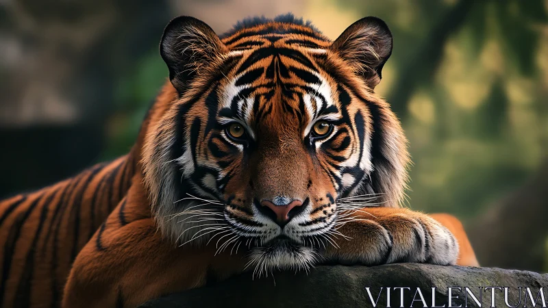 Tiger rests on rock ledge with direct, focused eye contact