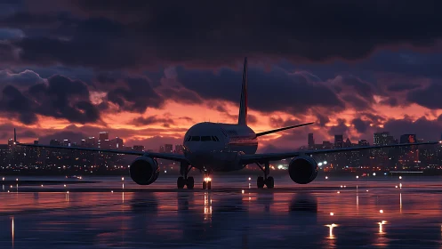 Widebody jet on wet runway at dusk with city skyline.