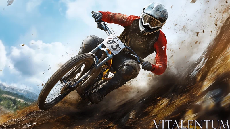 Dirt explodes as a downhill biker slices through the slope