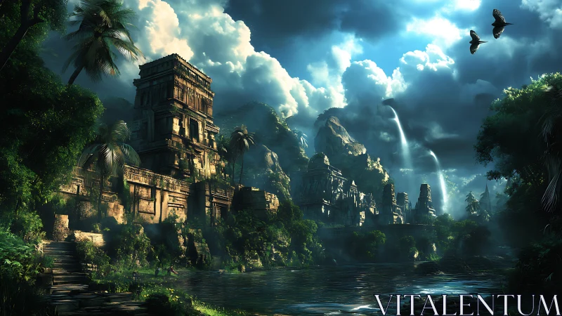 Ancient stone temple complex in dense tropical valley landscape.