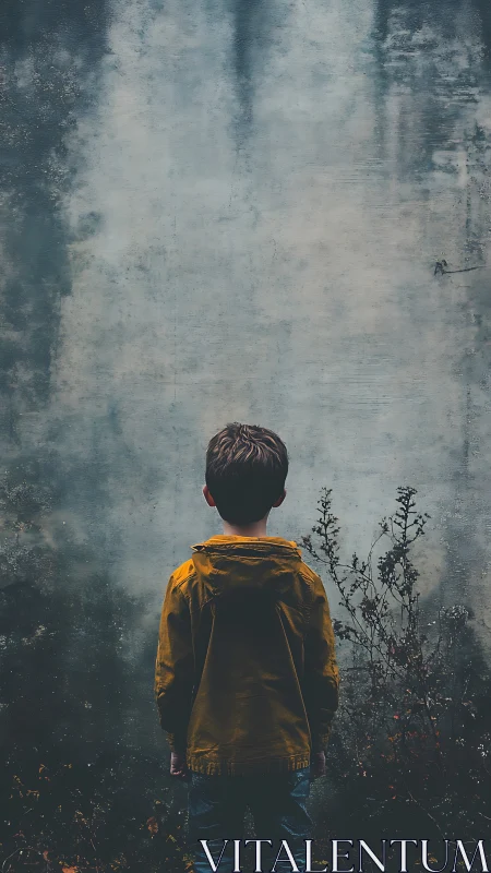 Solitary child stands before weathered blue concrete wall.