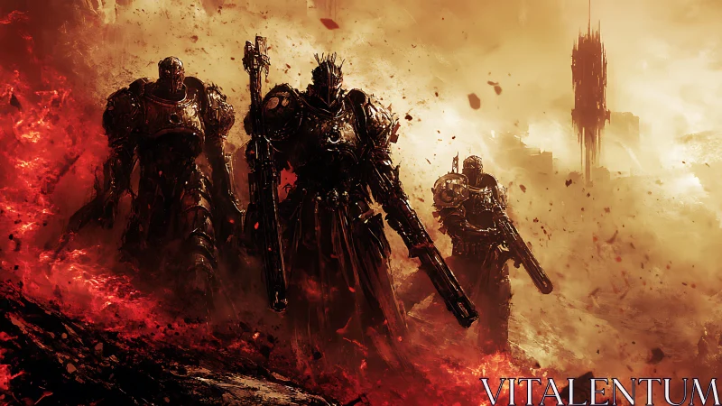 Armored war mechs advance through infernal battlefield haze