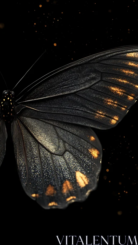 Butterfly wing shows black surface with gold reflective spots.