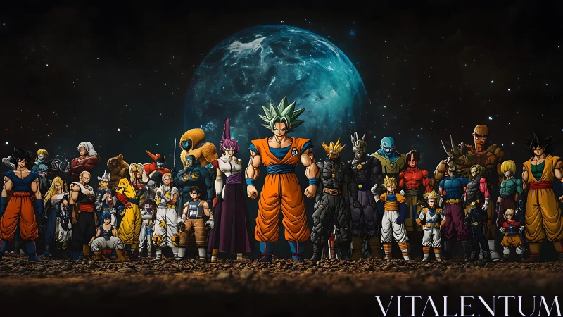 Dragon Ball warriors assemble beneath a glowing blue planet.