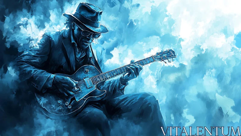 Seated guitarist in monochrome blue digital painting composition