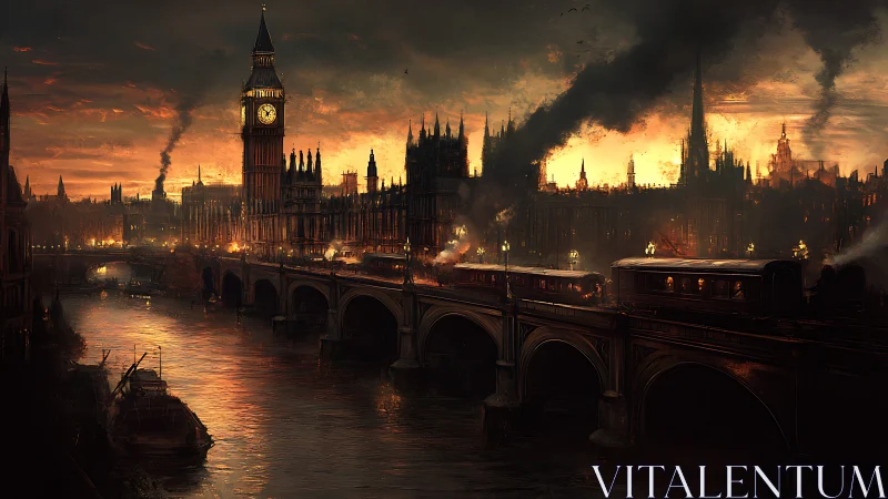 Industrial-era Westminster bridge with trains at dusk.