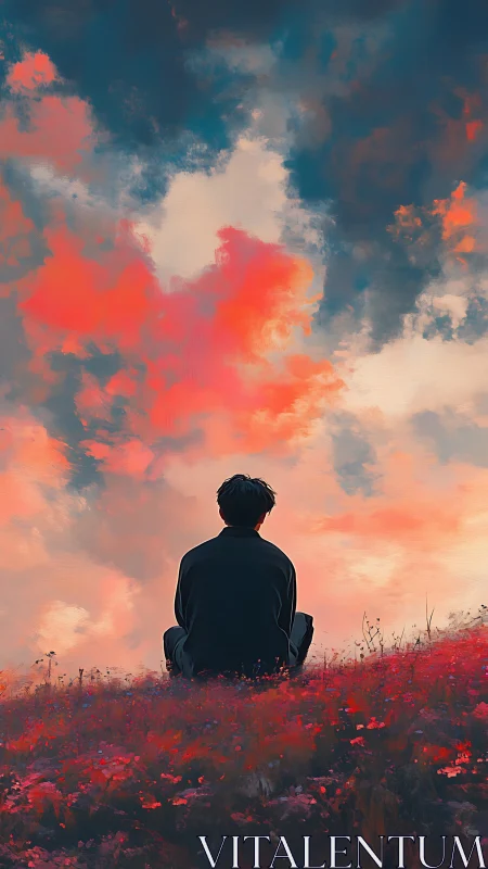 Solitary figure seated in field under vivid clouded sky.
