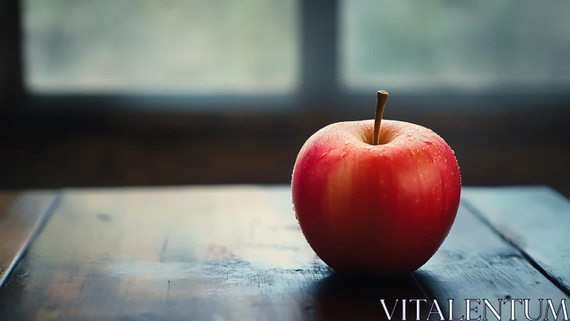 Macro optical study of dew‑coated red apple on table.