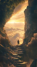 Solitary traveler reaches sunlit summit above glowing clouds.