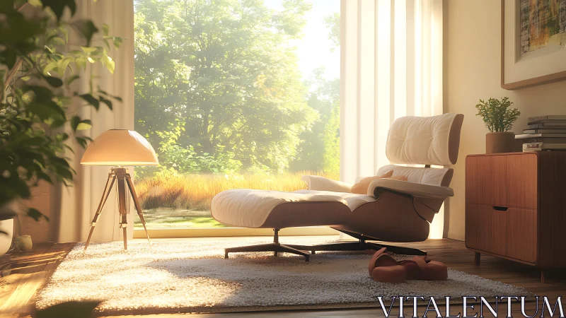 Sunlit ergonomic lounge chair in biophilic reading corner.