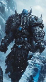 Armored frost warrior with axe in icy mountain landscape.