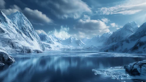 Hyperreal glacial fjord panorama with reflective icewater basin