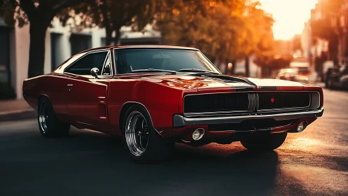 Red classic muscle car glows under warm sunset light
