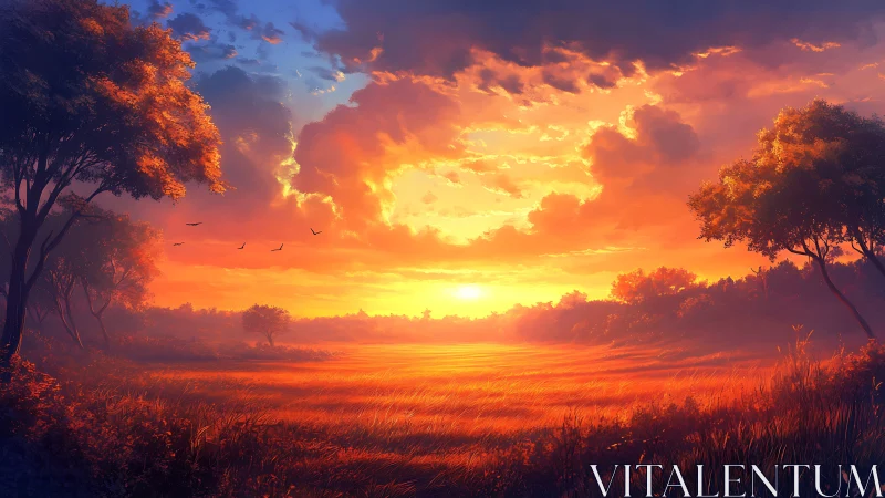 Sunset over open field with trees and distant horizon line.